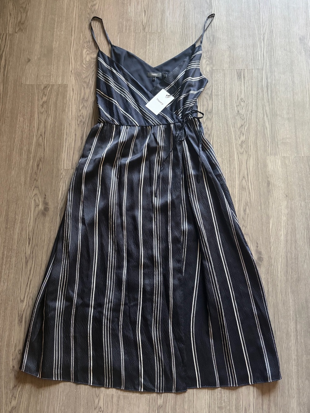 100% Silk Theory Striped Wrap Midi Dress